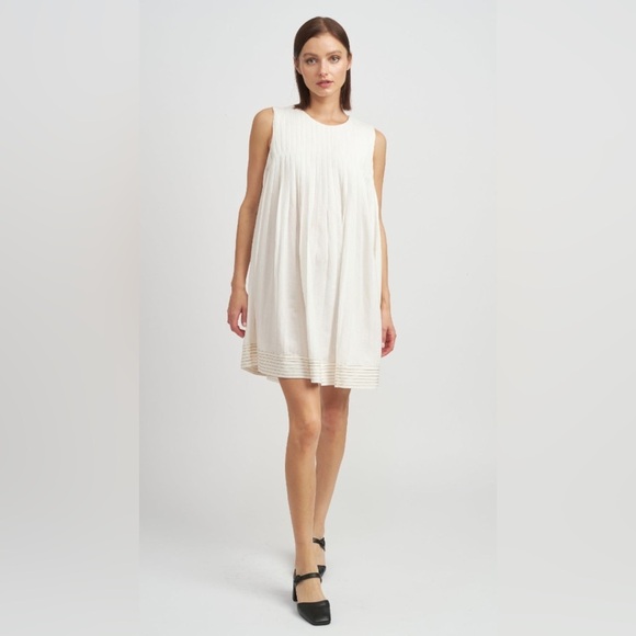 En Saison Jesse Pleated Swing Mini Linen Babydoll Dress Size Medium Off White - Picture 3 of 11